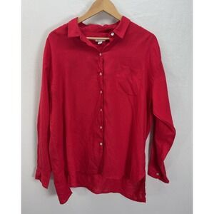 J Jill Love Linen Bright Red Button Down Shirt Long‎ Sleeve Size L Holiday Light